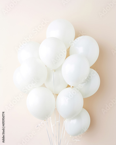 Simple beige background with bunch white balloons. Greeting card for wedding, birthday, party, celebration photo
