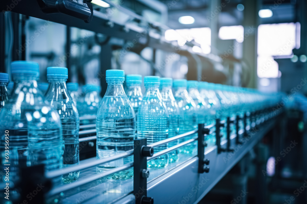 At manufacturing factory, closeup view of conveyor belt in action, rows of transparent plastic water bottles for packing in the production process