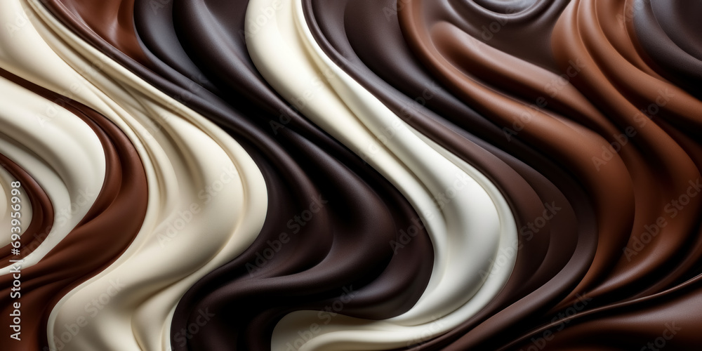 Flat lay background with melted white and dark chocolate beautifully blends, intertwining to form delightful, tender, smooth waves and swirls
