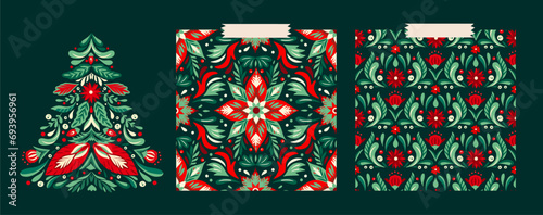 Christmas Tree Folk Art Star Floral Boho Seamless Pattern Vector Set. Swedish Scandinavian Holiday Ornament Collection.