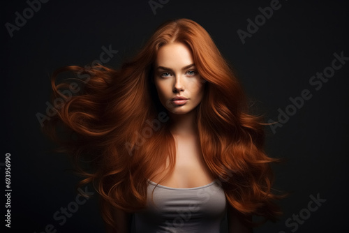 Half-length studio portrait of beautiful young caucasian model with natural makeup, radiant skin and red long hair posing on empty black background