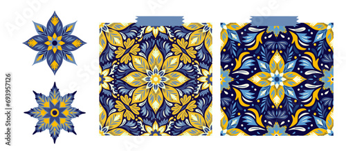 Christmas Folk Art Star Floral Boho Seamless Pattern and Star Ornament Vector Set. Swedish Scandinavian Holiday Ornament Collection.
