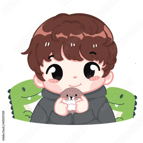 The boy with Otter and Dino Chibi Illustration
