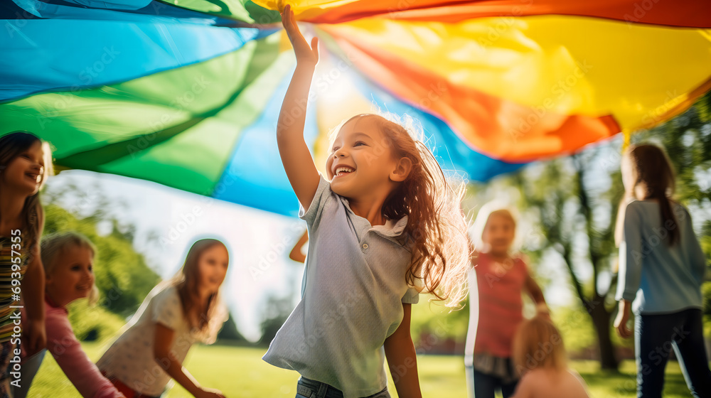 Obraz premium Un groupe d'enfants souriants, jouant à l'extérieur avec un grand parachute multicolore, en colonie de vacances lors d'une journée ensoleillée.