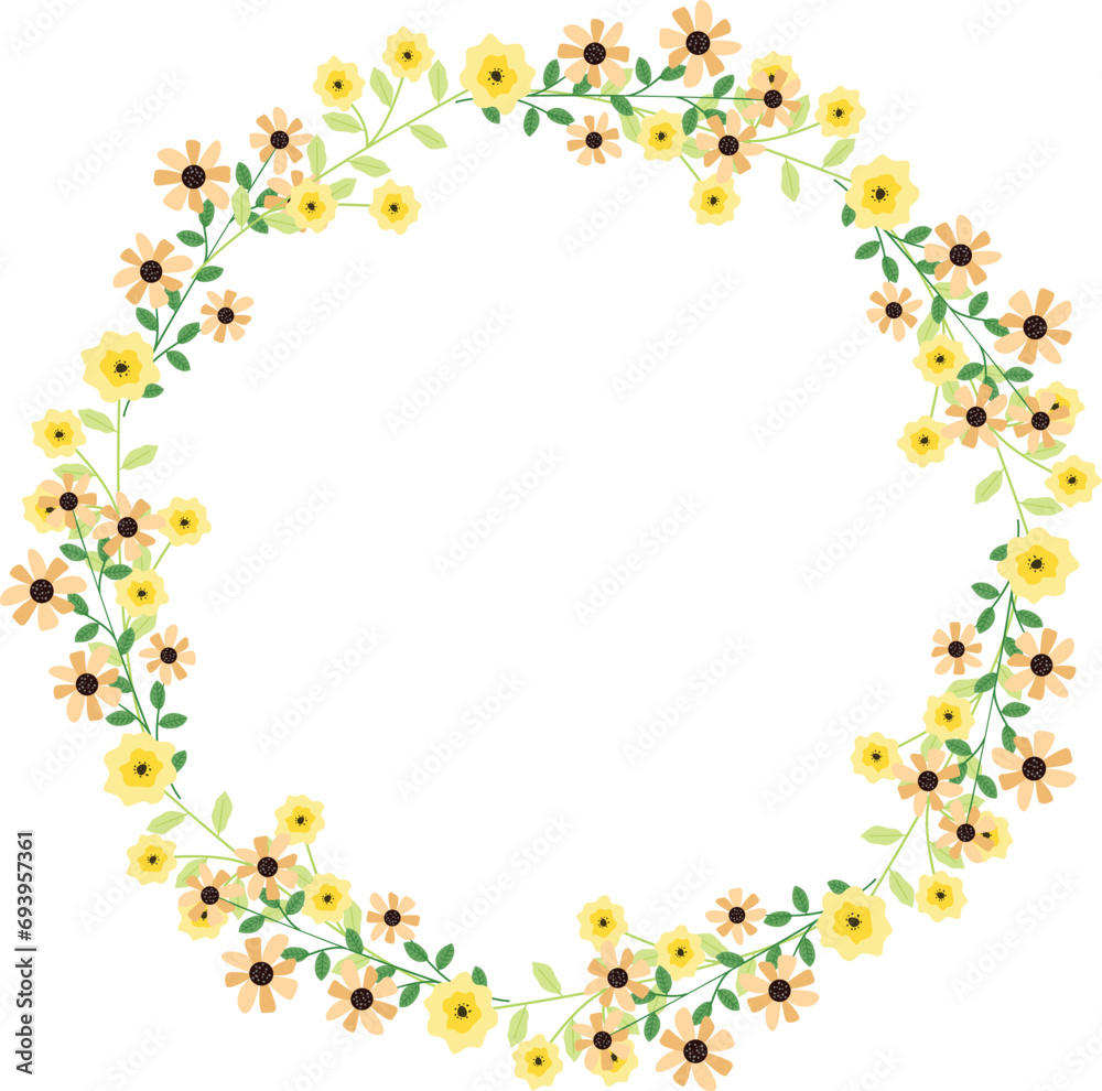 Beautiful round frame with wild flowers. Flat style. for decoration of invitations, greeting cards, print design Beautiful round frame with wild flowers. Flat style. for decoration of invitations, greeting cards, print design