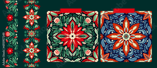 Christmas Folk Art Star Floral Boho Seamless Pattern and Seamless Border Vector Set. Swedish Scandinavian Holiday Ornament Collection.