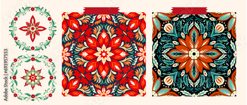 Christmas Folk Art Star Floral Boho Seamless Pattern Vextor Set. Swedish Scandinavian Holiday Ornament Collection.