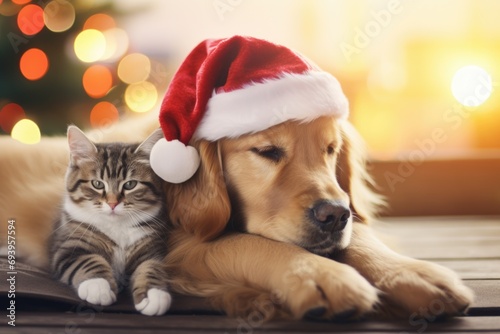 A dog and a cat are peacefully laying on a table. This image can be used to depict the friendship between different animals