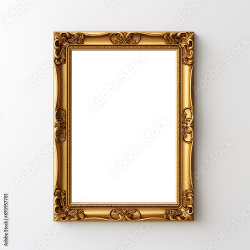 Gold frame with blank PNG center on a white wall - ornate renaissance baroque rococo style photo