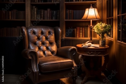 A cozy reading nook with a well-loved leather armchair, a side table stacked with books, and a vintage lamp casting a warm glow © Naseem