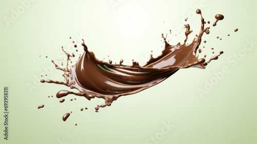 Chocolate splash on green background. Chocolate milk splash and drops. Brown Liquid