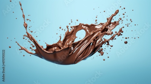 Chocolate splash on blue background. Chocolate milk splash and drops. Brown Liquid