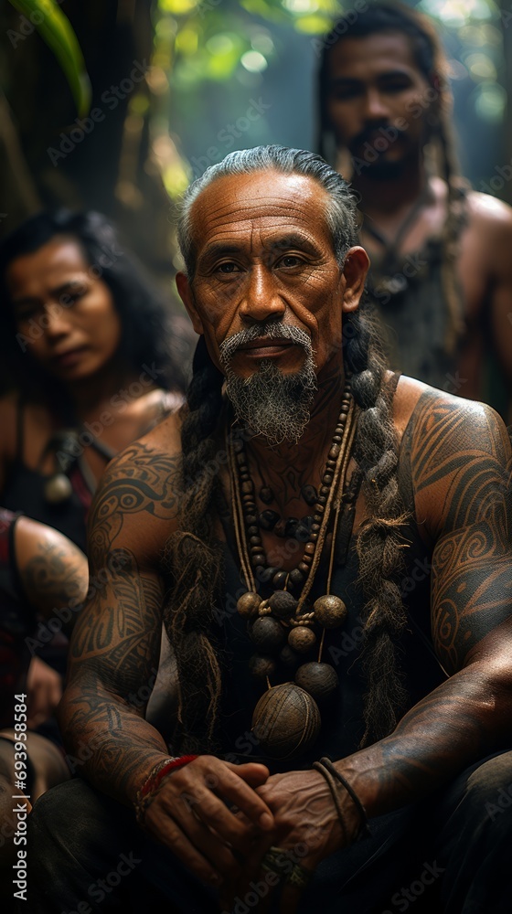 A group of men with Maori style tattoos in Polynesian. Patterns and drawings on the body, painting on the skin.
