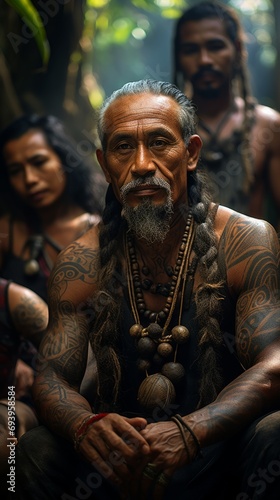 A group of men with Maori style tattoos in Polynesian. Patterns and drawings on the body, painting on the skin. 