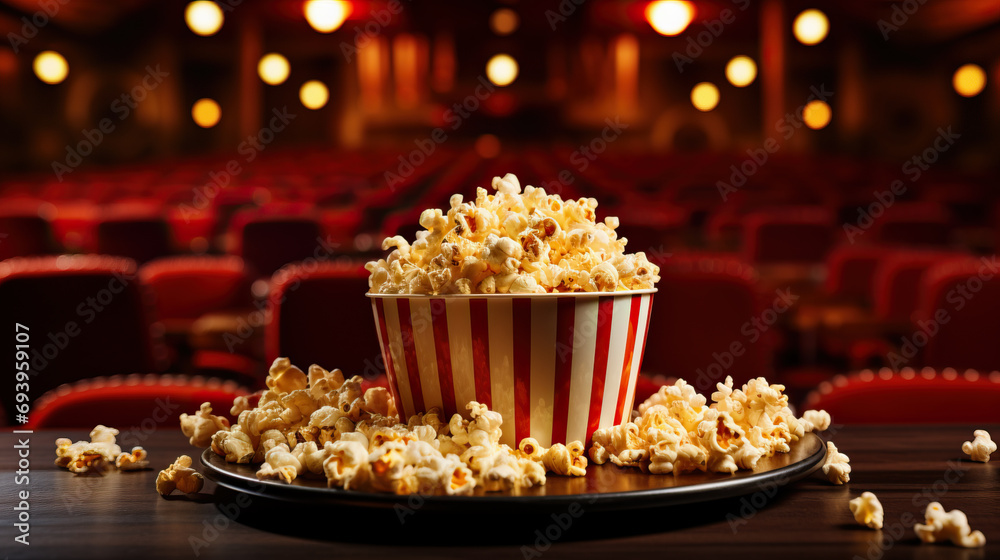 A bucket of popcorn at the movie theater created with Generative AI technology A bucket of popcorn at the movie theater created with Generative AI technology
