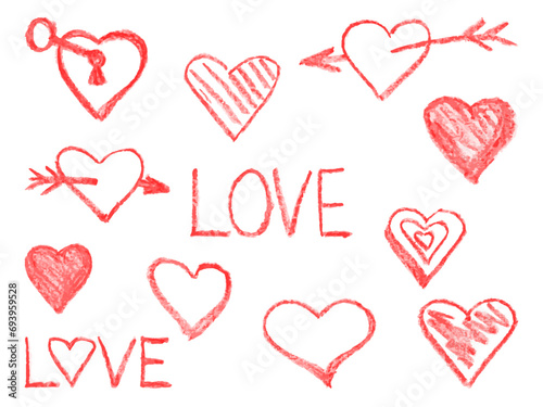 Set of hand drawn wax crayon red hearts for Valentine's day. A set of  Love symbol. Hand drawing design elements. Vector collection on white background