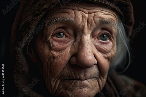 Portrait of a aged woman with beard, eyes full of sadness looking at some hope.