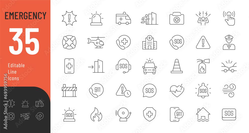 Emergency Editable Icons Set. Vector illustration in thin line style of warning icons: accidents, natural disasters, rescue services, and emergency signals. Isolated on white
 - obrazy, fototapety, plakaty 
