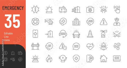 Emergency Editable Icons Set. Vector illustration in thin line style of warning icons: accidents, natural disasters, rescue services, and emergency signals. Isolated on white 