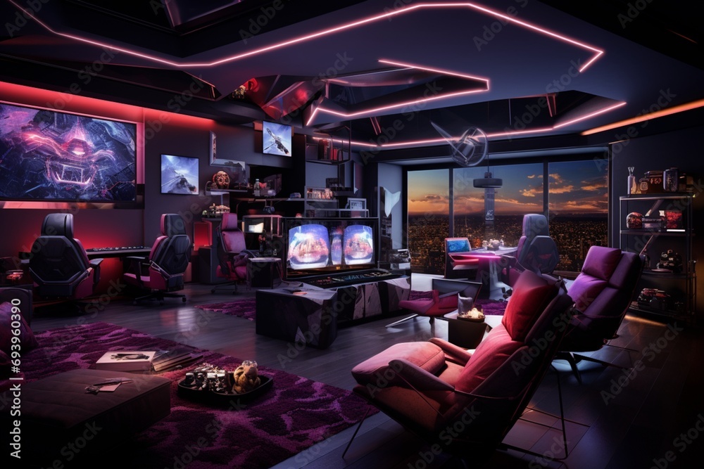 A high-tech gaming room with immersive LED lighting, ergonomic gaming chairs, and state-of-the-art equipment for the ultimate gaming experience.