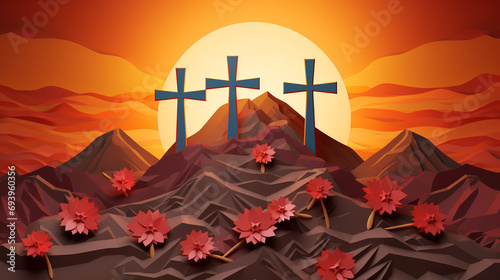 jesus christ crucifix on the mountain where jesus was crucified the sun shines down In Christian conception, forgiveness, glorification of God. Sunlight and Clouds background