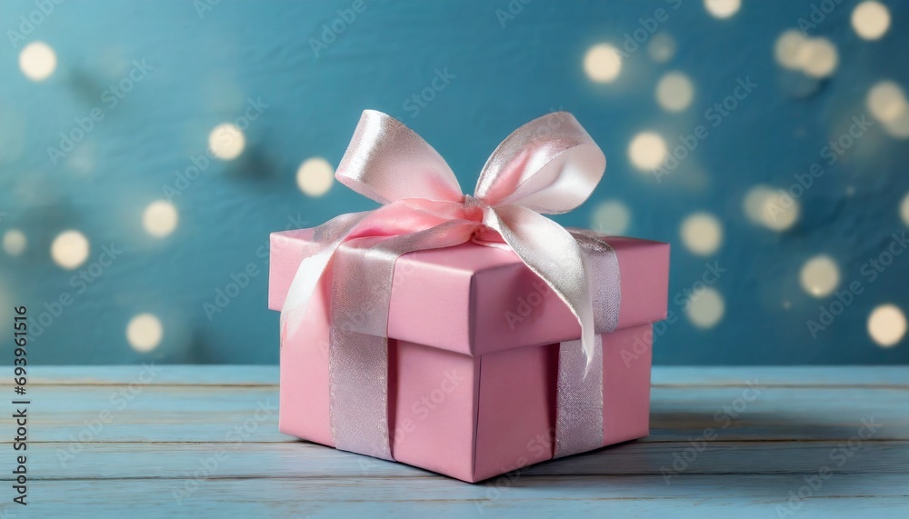 Pink gift box and blue background Pink gift box and blue background