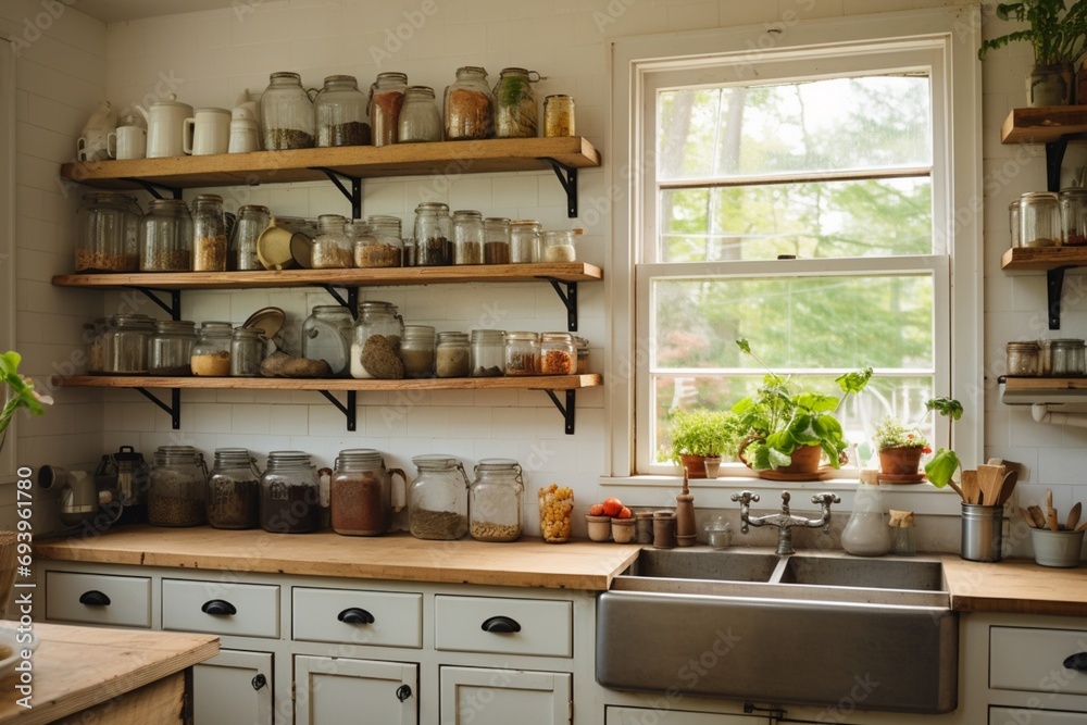 A charming kitchen with open shelving filled with mason jars and rustic pottery, featuring a farmhouse sink and a vintage-inspired gas stove - obrazy, fototapety, plakaty 