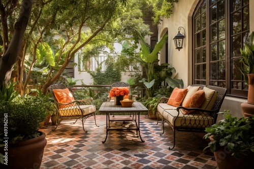 A Mediterranean-inspired outdoor terrace with terra cotta tiles, wrought iron furniture, and lush greenery, offering a charming and relaxing retreat. photo