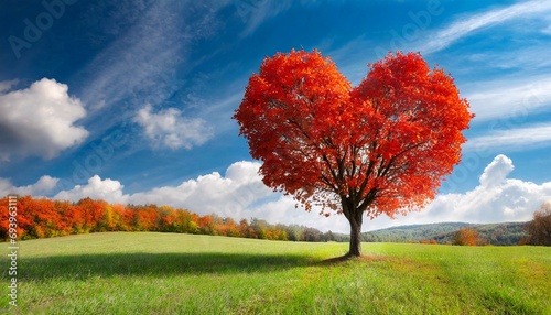 Heart-shaped red tree in the meadow. Valentine's day concept. 8 Martch mother day concept. 