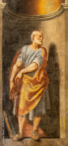 TREVISO, ITALY - NOVEMBER 8, 2023: The fresco of St. Peter the Apostle in the church La Cattedrale di San Pietro Apostolo by Giovanni Antonio de Sacchis - Pordenone (1483 - 1539).