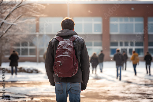 Teenager walking to school on a snowy winter day. Back to school concept. High school building  photo