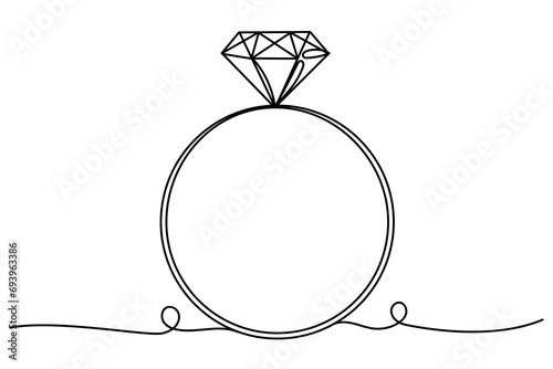 Diamond Ring Line Art. Wedding Gift Ring Outline Doodle Silhouette Hand Drawn Illustration. Ring Curve Line Symbol Icon.