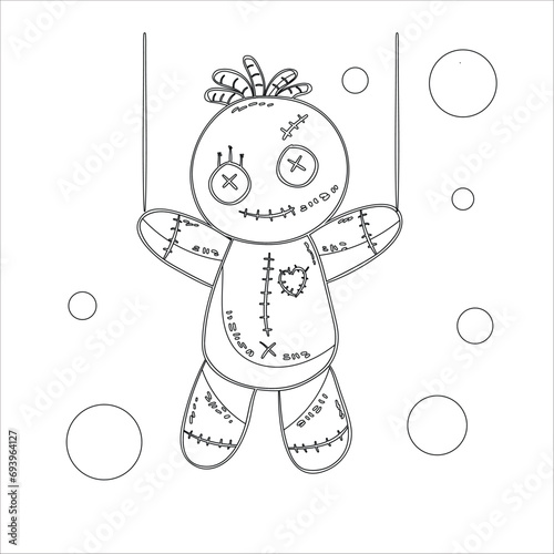 white background. Rag voodoo bear doll vector cartoon. Halloween cursed doll  voodoo coloring page for kids