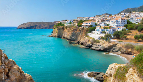 Wonderful view of a rocky coastline with a clear sea and a small village.