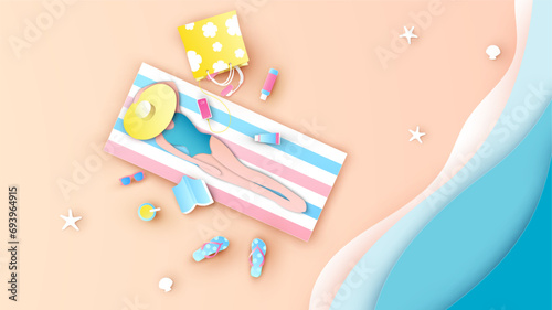 Girl in hat in bikini rest on beach blanket on summer vacation. Beautiful woman relaxing on the beach. paper cut and craft style. vector, illustration.