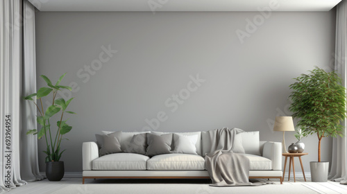 Cozy room with a gray wall and a white sofa, minimalist living room interior.