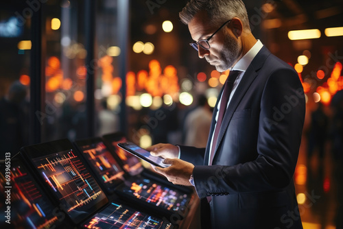 A male businessman in a suit looks at a financial chart on a digital monitor. Financial market, investment, stock exchange and stock trading concept. 