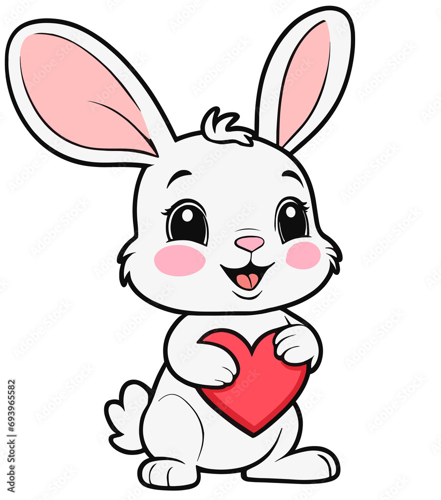 White cute Bunny holding a red heart