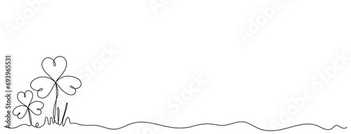 Clover leaves one continuous line for St. Patricks Day background. Minimal banner with trefoil leaf, grass and soil