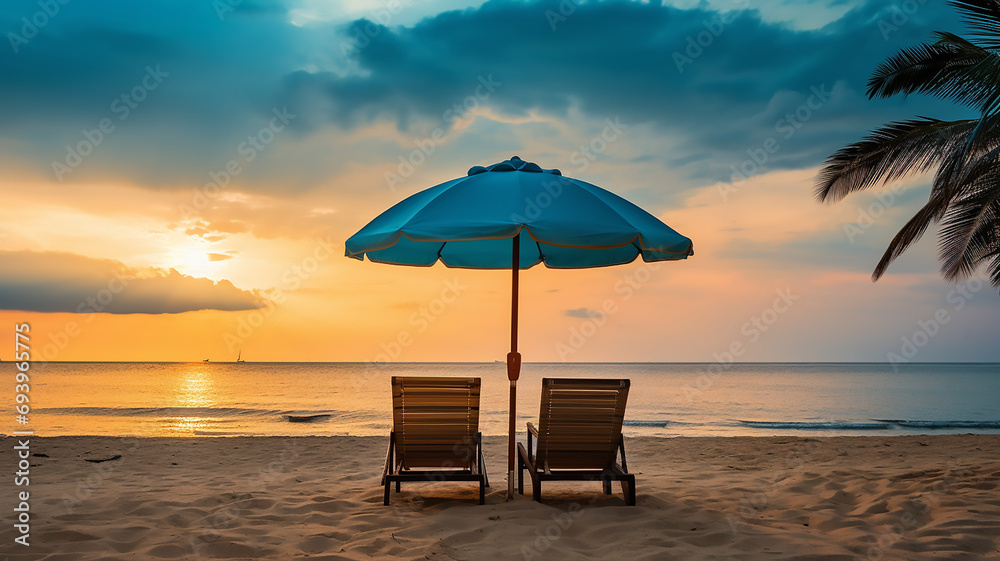 Beautiful tropical beach banner with two chairs and a blue umbrella on a tropical island sunset 1