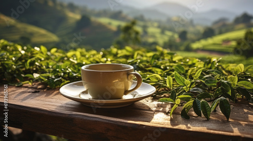 Cup of green tea on wooden table with background of tea plantation, soft morning light colors, copy space. 