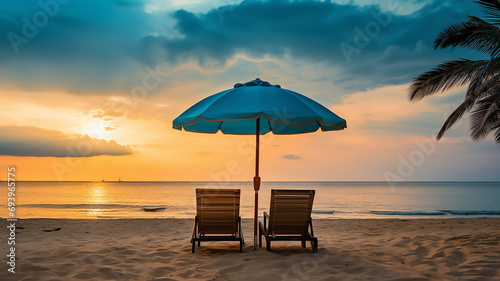 Beautiful tropical beach banner with two chairs and a blue umbrella on a tropical island sunset 1 © khozainuz