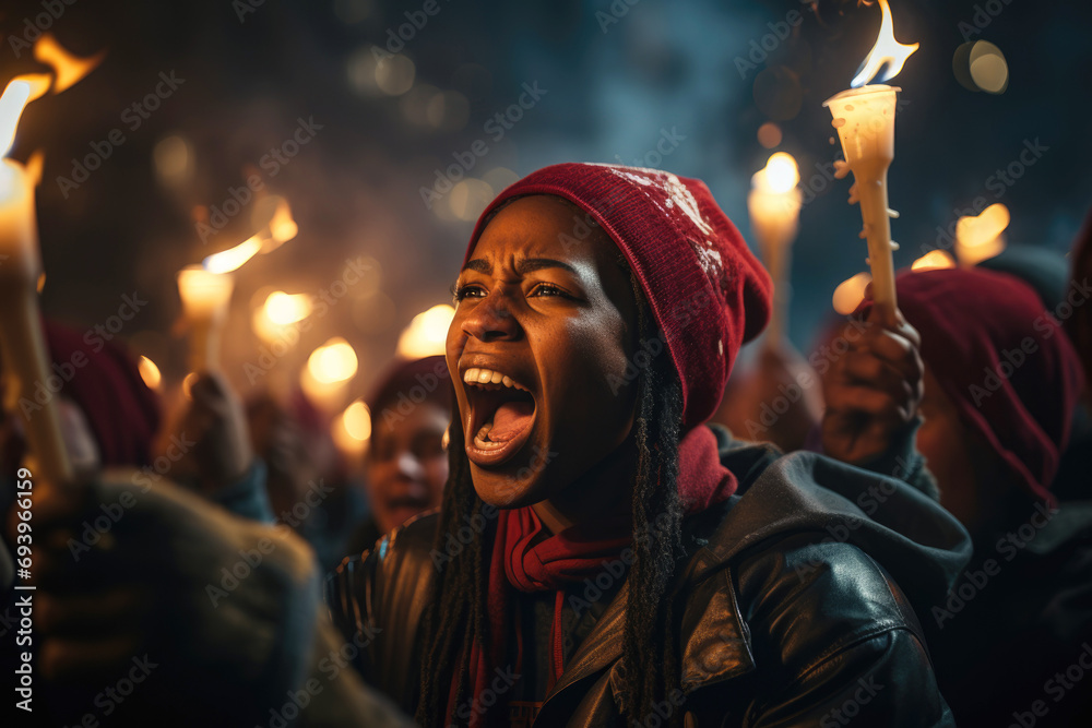 Fototapeta premium Angry protesters, young woman screaming, chanting slogans. Red details, burning torches, lights. Evening meeting.