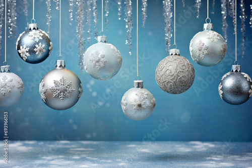 Christmas baubles on blues background with silver and white ornaments