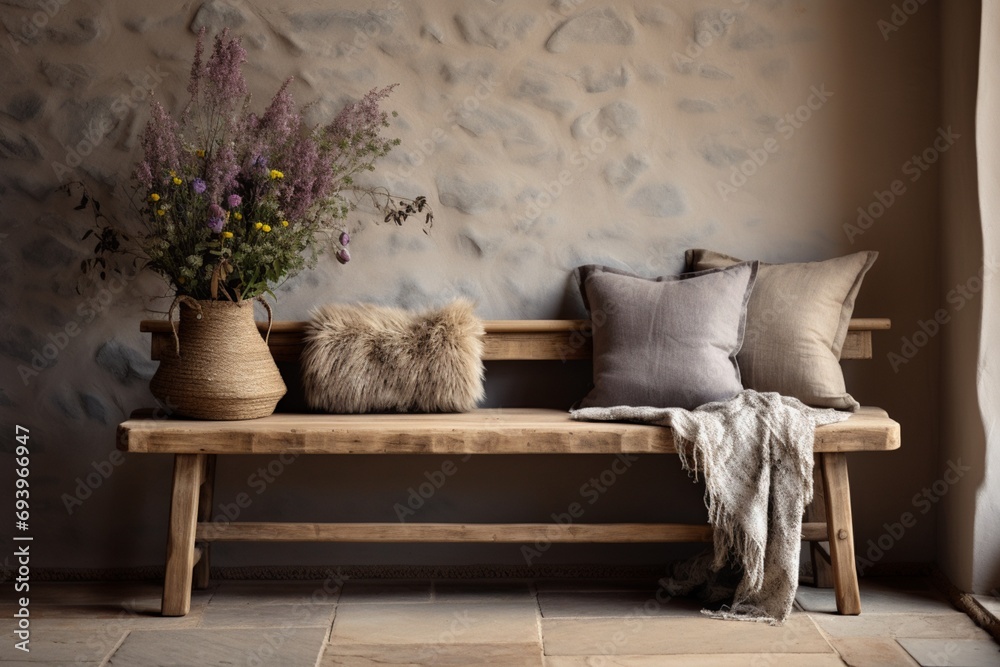 A rustic entryway with a weathered wooden bench, adorned with hand-knit throw pillows and surrounded by dried flower arrangements - obrazy, fototapety, plakaty 