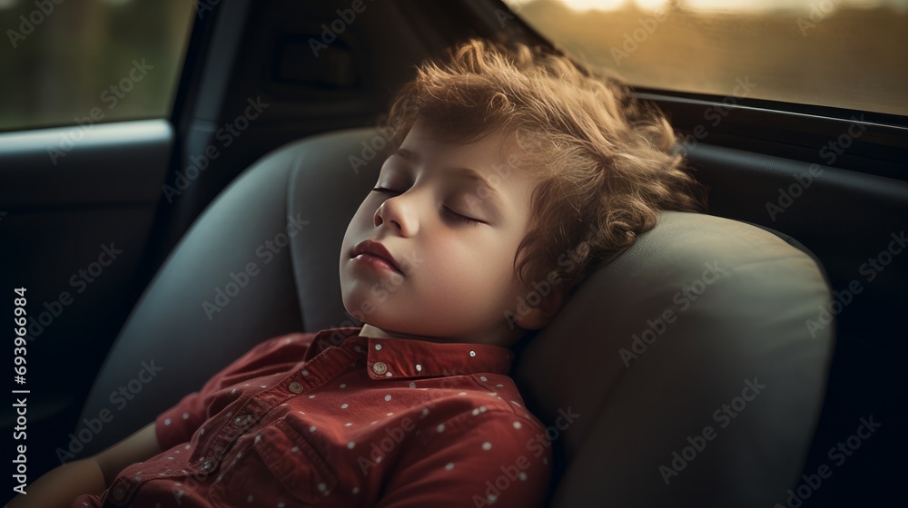 child sleeping on car