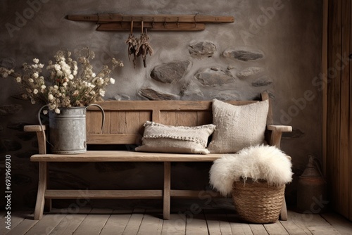 A rustic entryway with a weathered wooden bench, adorned with hand-knit throw pillows and surrounded by dried flower arrangements