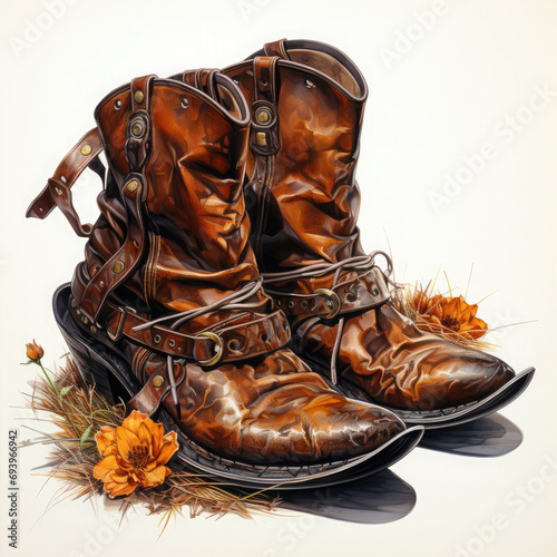 Waterco Vintage Cowboy Hat, Cowboy Boots Clipart illustration Generative Ai photo
