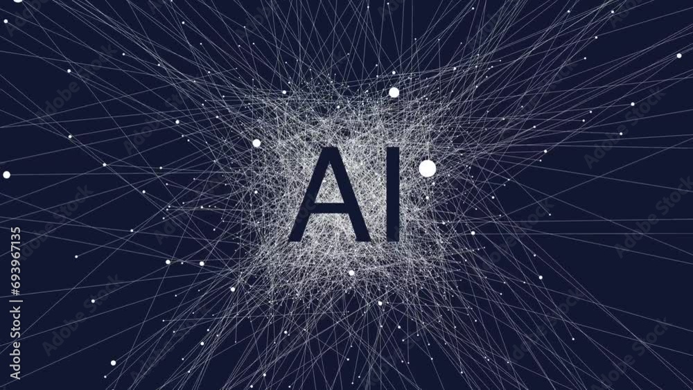 Abstract white lines on dark blue background, AI letters, artificial intelligence concept