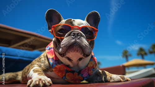 Cute French bulldog wearing sunglasses, lies on the deck of a luxury yacht on a sunny day. Wildlife imagery, the concept of ecological environment photo